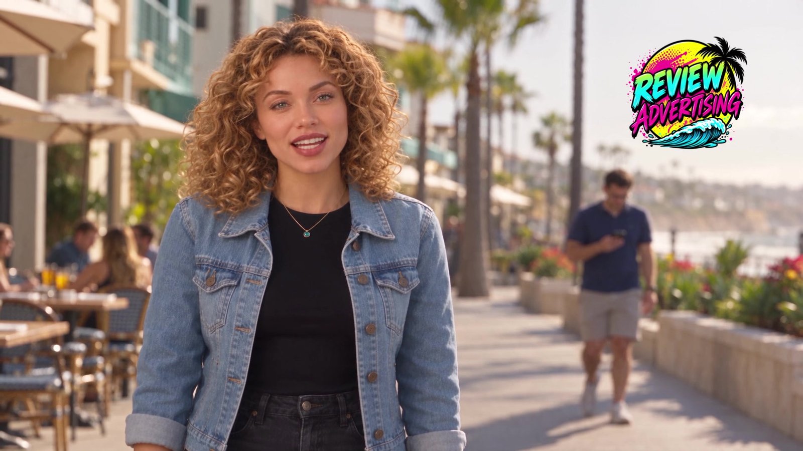A presenter outside a coastal cafe with the Review Advertising logo
