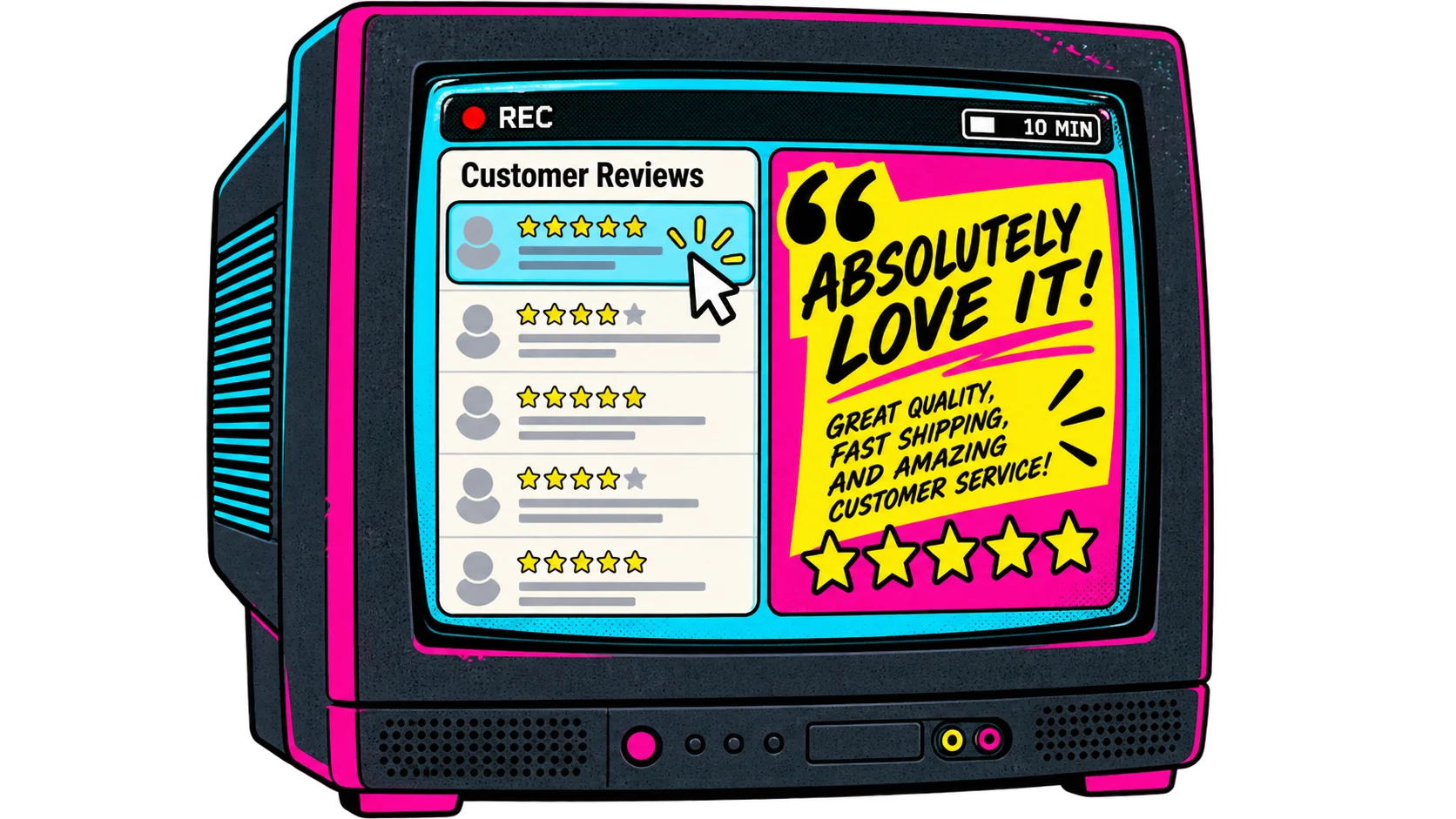 Retro television illustrating a personal video plan, with a review, ad idea and mouse pointer